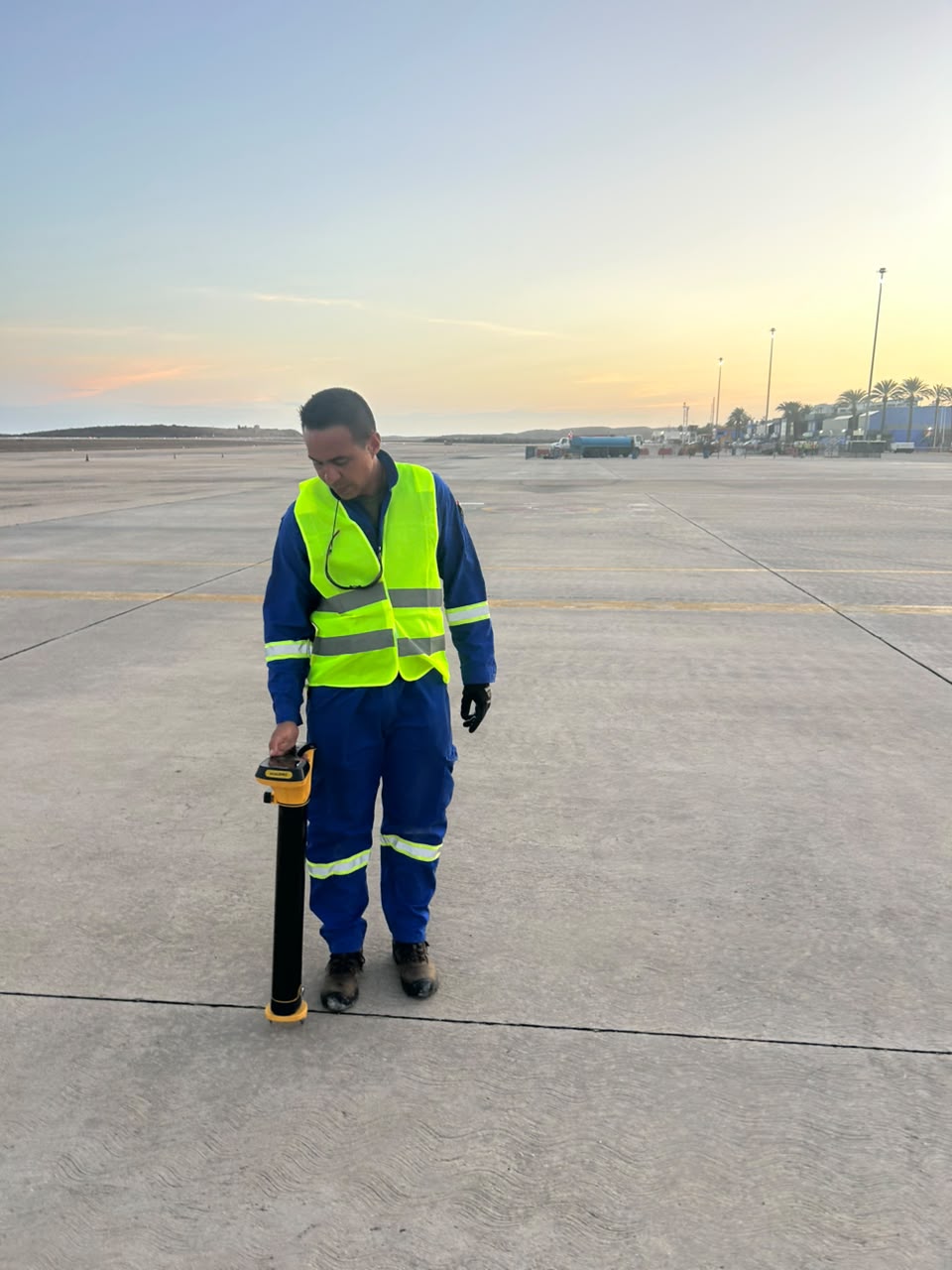 Trabajo de localización con equipo portátil en una superficie pavimentada.